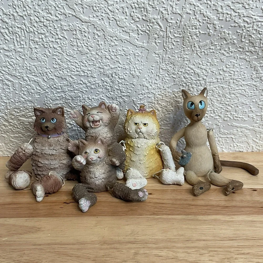 Funny Cats Figurines Lot Of 4 Shelf Sitters 2004, Dangling Arms Legs Tail Resin*